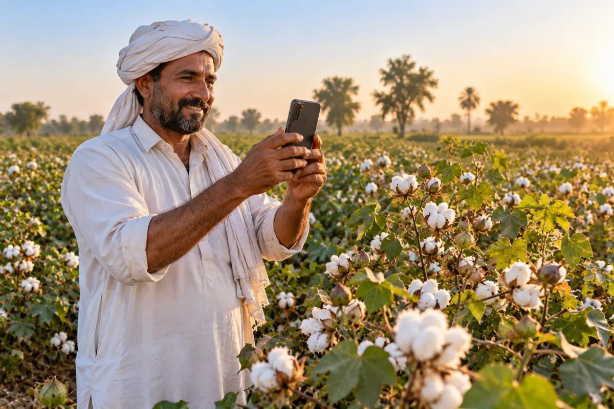 کپاس کے کھیت میں کسان موبائل فون سے اپنی فصل کی تصویر لیتے ہوئے
