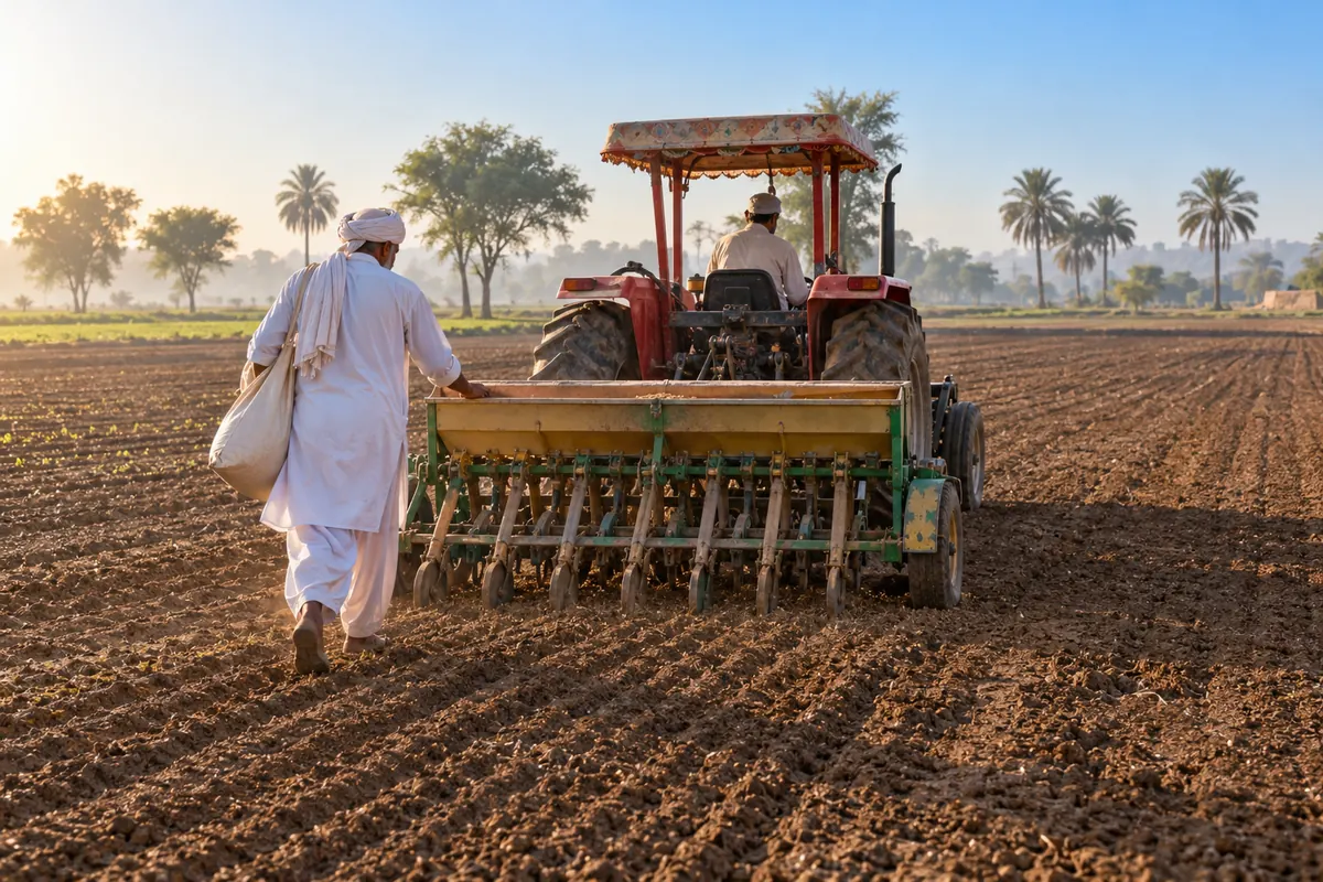 Farmer sowing wheat with a tractor and seed drill in Bahawalpur